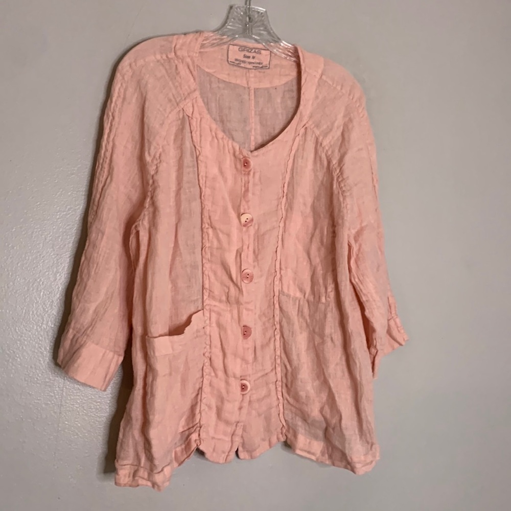 Grizas linen long sleeve button front blouse medium women’s with pocket